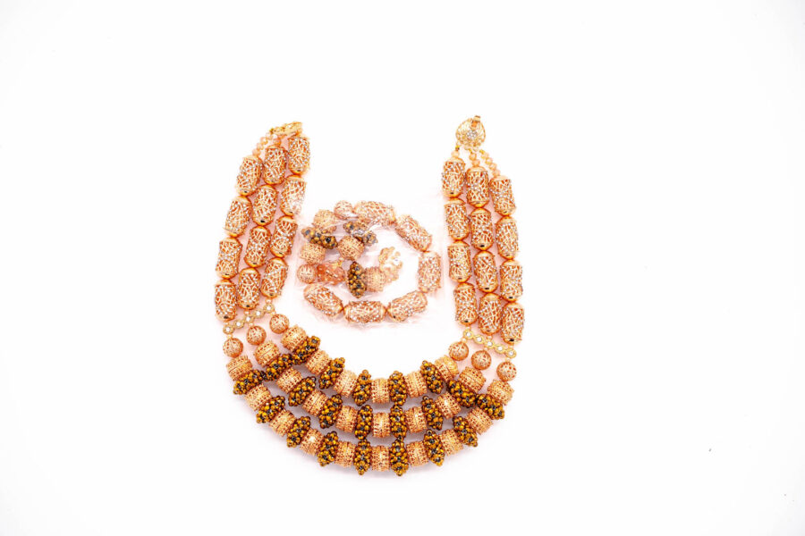 African beads 3 Rows Gold Tone Necklace Bracelet & Earrings - Image 3