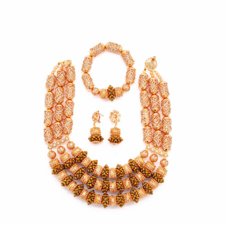 African beads 3 Rows Gold Tone Necklace Bracelet & Earrings