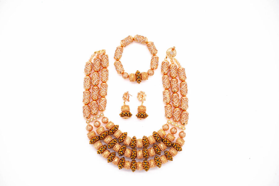 African beads 3 Rows Gold Tone Necklace Bracelet & Earrings