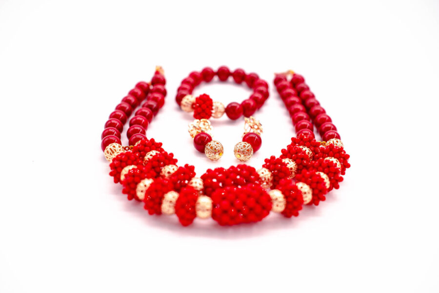 African beads 2 Rows Red & Gold Tone Necklace Bracelet Earrings,Nigerian Wedding Beads Jewelry Set - Image 2