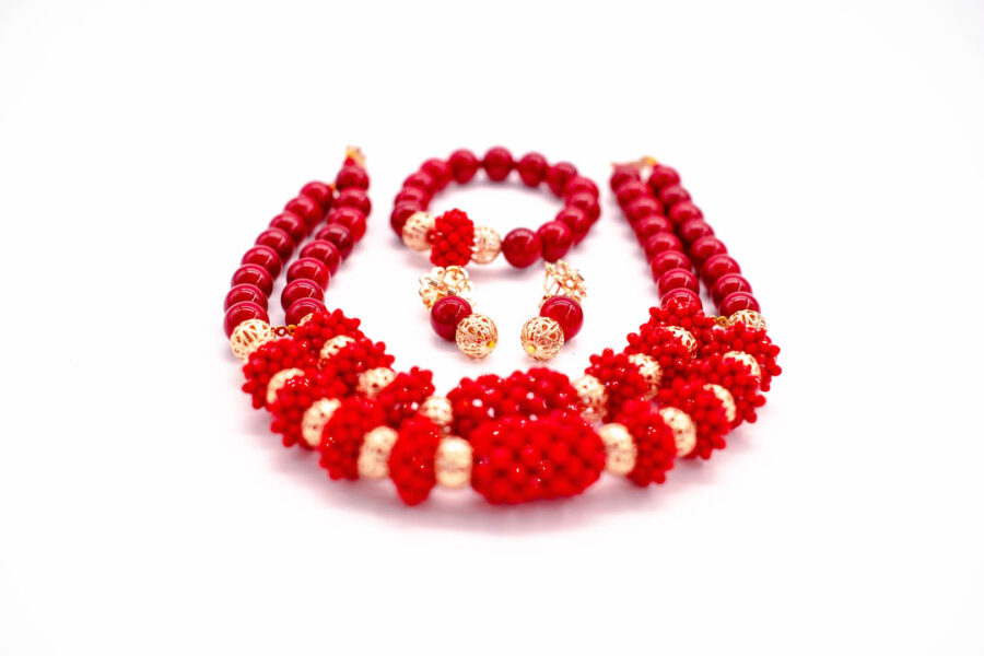 African beads 2 Rows Red & Gold Tone Necklace Bracelet Earrings,Nigerian Wedding Beads Jewelry Set - Image 3