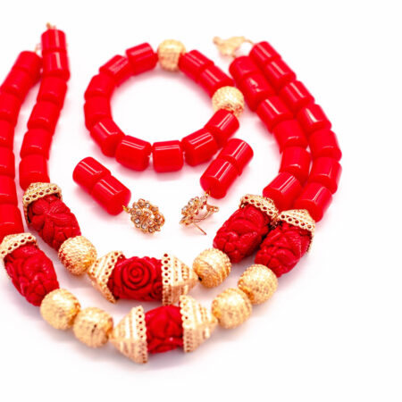 African beads 2 Rows Red & Gold Tone Necklace Bracelet Earrings,Nigerian Wedding Beads Jewelry Set