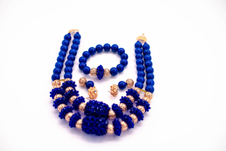 African beads 2 Rows Blue & Gold Tone Necklace Bracelet Earrings,Nigerian Wedding Beads Jewelry Set - Image 5