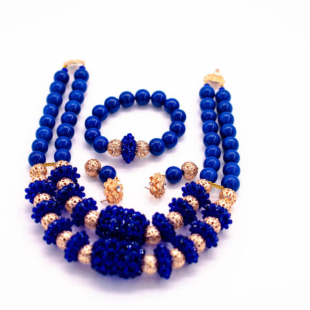 African beads 2 Rows Blue & Gold Tone Necklace Bracelet Earrings,Nigerian Wedding Beads Jewelry Set