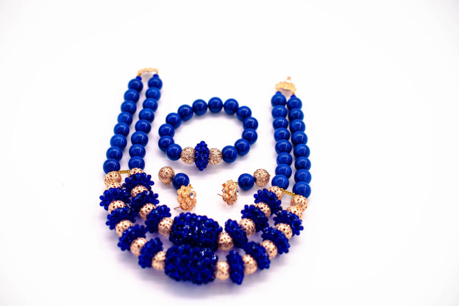 African beads 2 Rows Blue & Gold Tone Necklace Bracelet Earrings,Nigerian Wedding Beads Jewelry Set - Image 6
