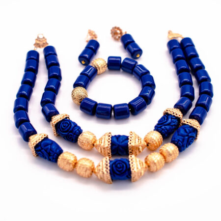 African beads 2 Rows Blue & Gold Contrast Tone Necklace Bracelet Earrings,Nigerian Wedding Beads Jewelry Set