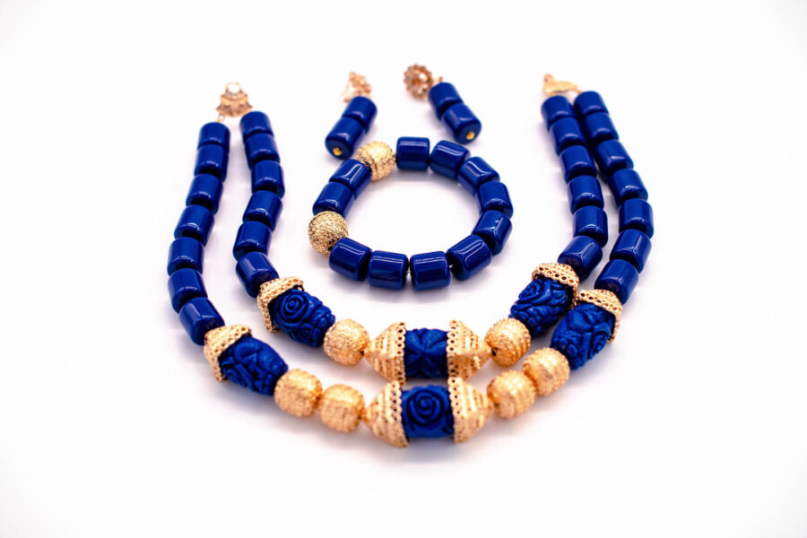 African beads 2 Rows Blue & Gold Contrast Tone Necklace Bracelet Earrings,Nigerian Wedding Beads Jewelry Set