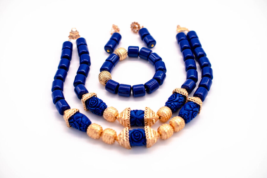 African beads 2 Rows Blue & Gold Contrast Tone Necklace Bracelet Earrings,Nigerian Wedding Beads Jewelry Set - Image 2