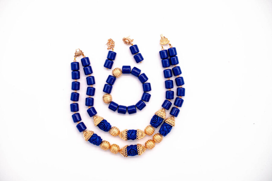 African beads 2 Rows Blue & Gold Contrast Tone Necklace Bracelet Earrings,Nigerian Wedding Beads Jewelry Set - Image 4