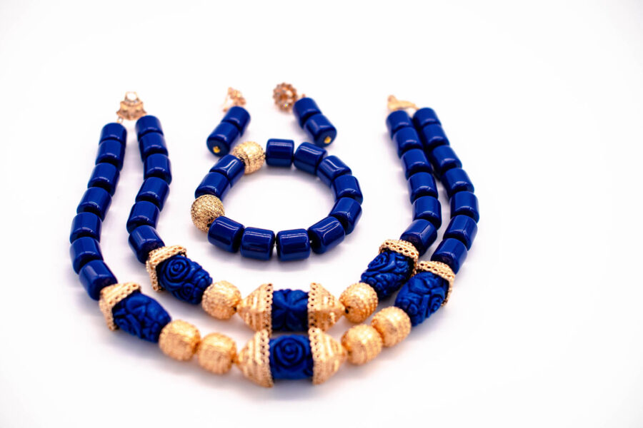 African beads 2 Rows Blue & Gold Contrast Tone Necklace Bracelet Earrings,Nigerian Wedding Beads Jewelry Set - Image 5
