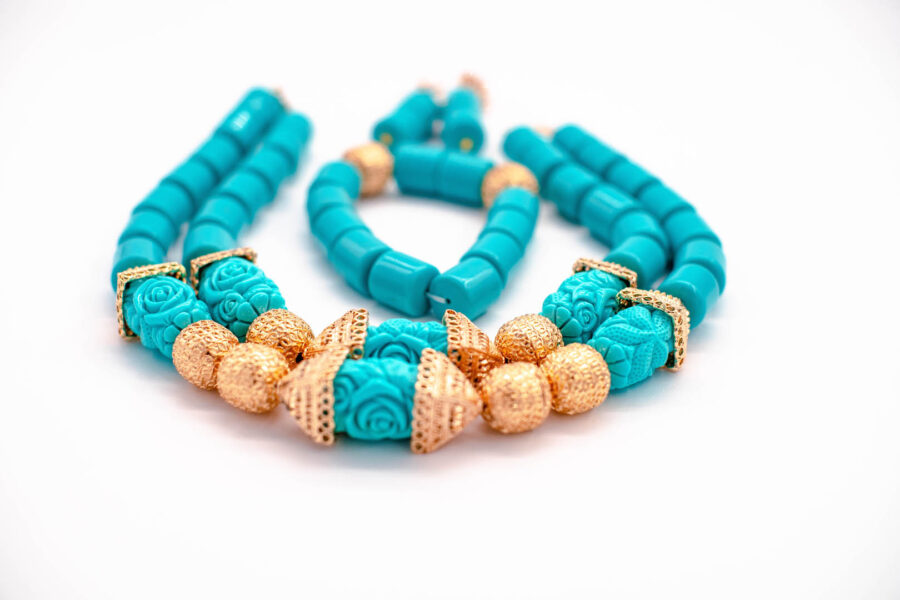 African Beads 2 Rows Turquoise & Gold Contrast Tone Necklace Bracelet Earrings, Nigerian Wedding Beads Jewelry Set - Image 2