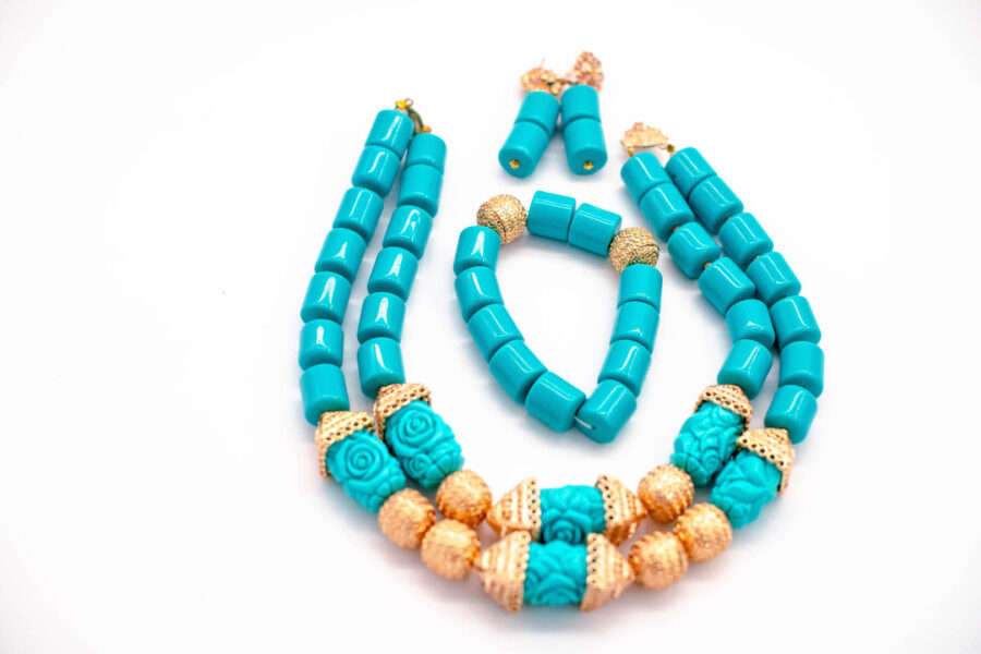 African Beads 2 Rows Turquoise & Gold Contrast Tone Necklace Bracelet Earrings, Nigerian Wedding Beads Jewelry Set - Image 3