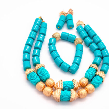 African Beads 2 Rows Turquoise & Gold Contrast Tone Necklace Bracelet Earrings, Nigerian Wedding Beads Jewelry Set