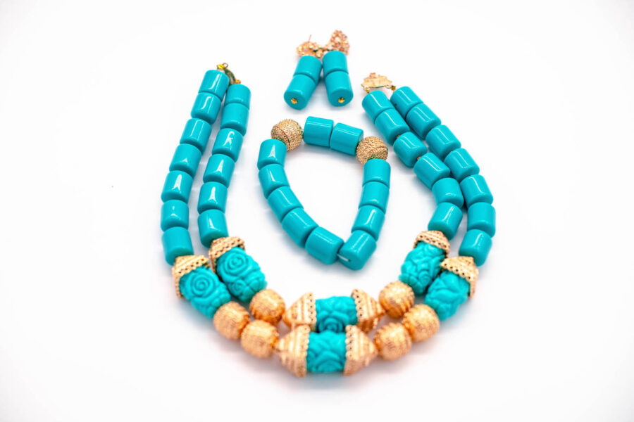 African Beads 2 Rows Turquoise & Gold Contrast Tone Necklace Bracelet Earrings, Nigerian Wedding Beads Jewelry Set - Image 4