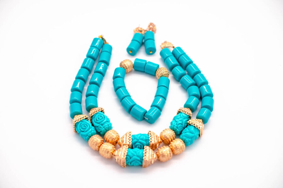 African Beads 2 Rows Turquoise & Gold Contrast Tone Necklace Bracelet Earrings, Nigerian Wedding Beads Jewelry Set - Image 5