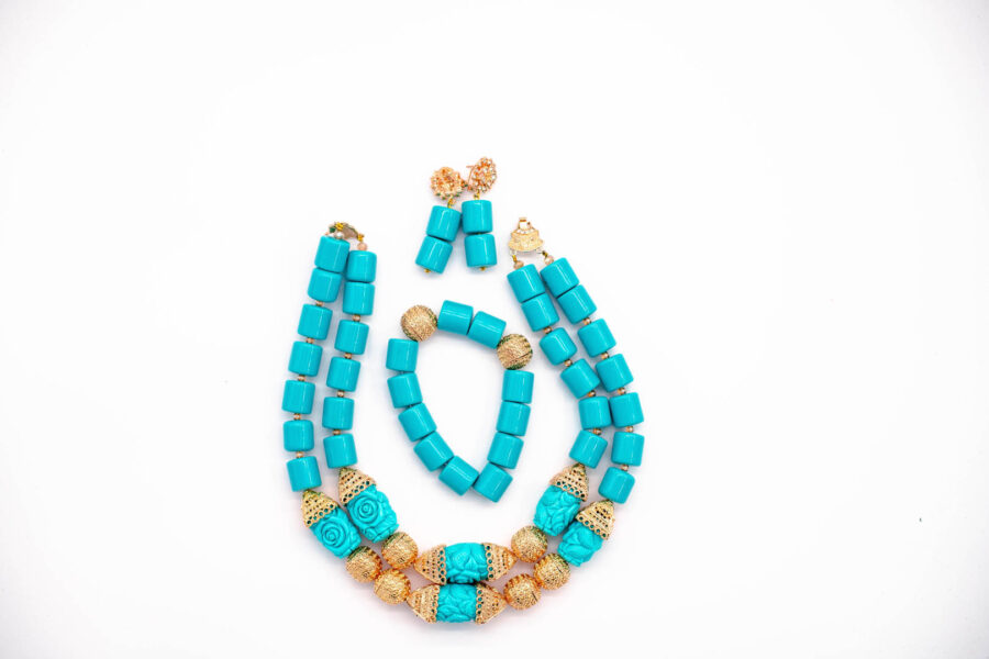 African Beads 2 Rows Turquoise & Gold Contrast Tone Necklace Bracelet Earrings, Nigerian Wedding Beads Jewelry Set - Image 7