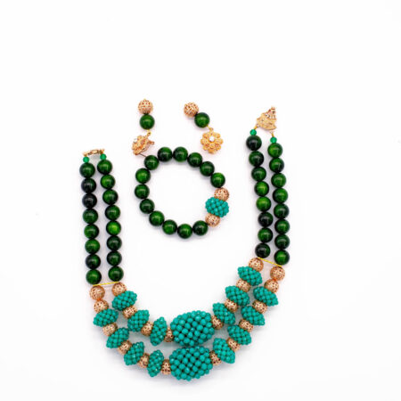 African Beads 2 Rows Green & Gold Contrast Tone Necklace Bracelet Earrings, Nigerian Wedding Beads Jewelry Set