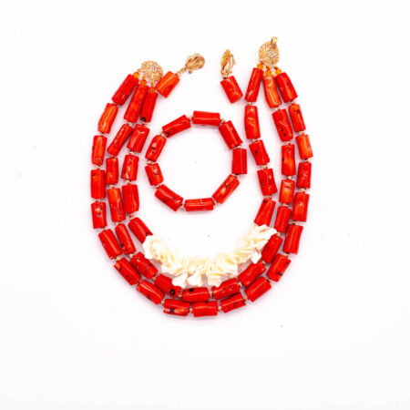 African Beads 2 Rows Red Tone Necklace Bracelet Earrings, Nigerian Wedding Beads Jewelry Set