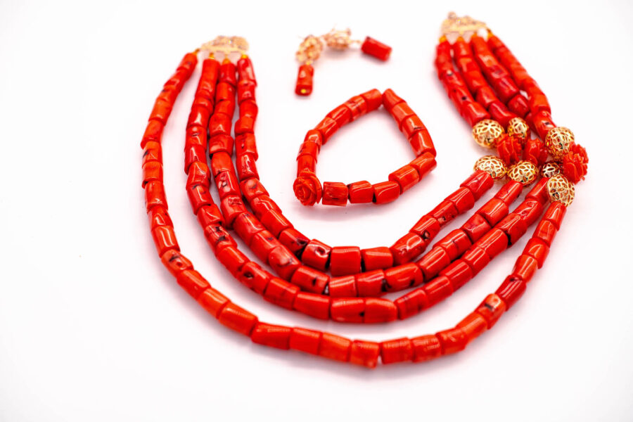 African Beads 3 Rows Red Tone Necklace Bracelet Earrings, Nigerian Wedding Beads Jewelry Set - Image 2