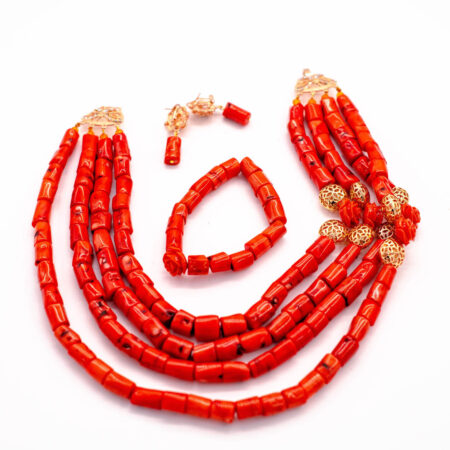 African Beads 3 Rows Red Tone Necklace Bracelet Earrings, Nigerian Wedding Beads Jewelry Set