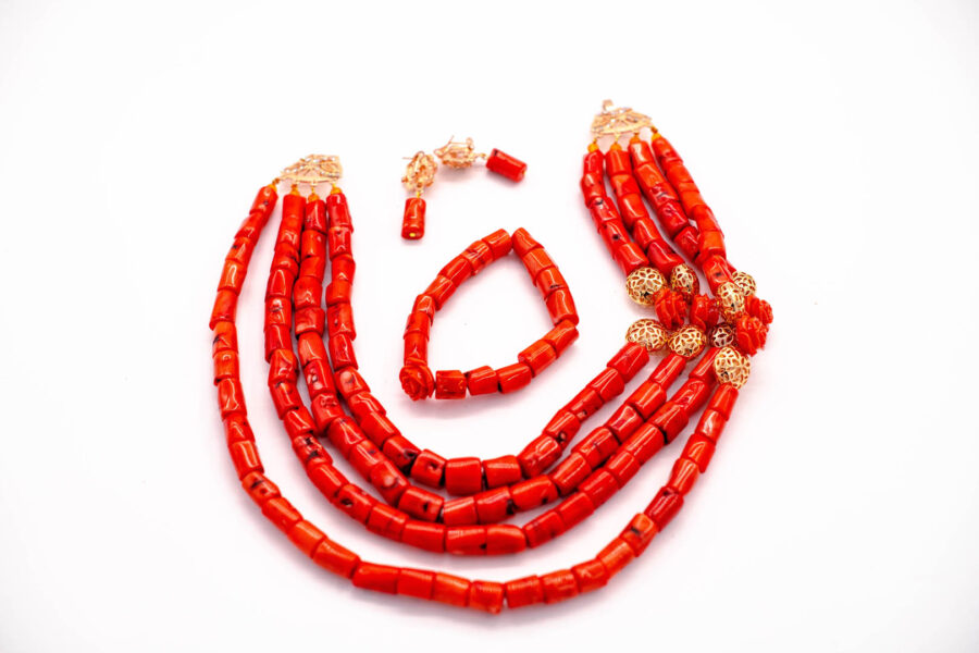 African Beads 3 Rows Red Tone Necklace Bracelet Earrings, Nigerian Wedding Beads Jewelry Set