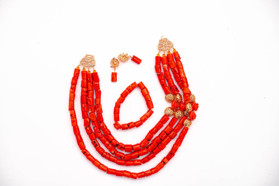African Beads 3 Rows Red Tone Necklace Bracelet Earrings, Nigerian Wedding Beads Jewelry Set - Image 3