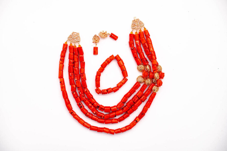 African Beads 3 Rows Red Tone Necklace Bracelet Earrings, Nigerian Wedding Beads Jewelry Set - Image 5