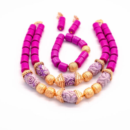 African Beads 2 Rows Purple Tone Necklace Bracelet Earrings, Nigerian Wedding Beads Jewelry Set