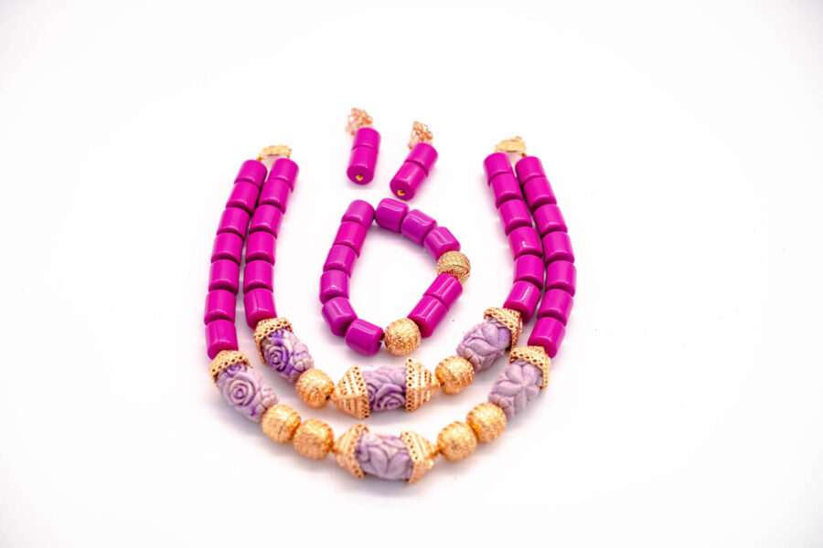African Beads 2 Rows Purple Tone Necklace Bracelet Earrings, Nigerian Wedding Beads Jewelry Set - Image 2