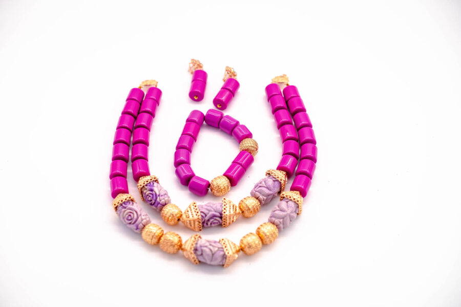 African Beads 2 Rows Purple Tone Necklace Bracelet Earrings, Nigerian Wedding Beads Jewelry Set - Image 3
