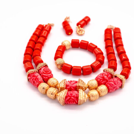 African Beads 2 Rows Red & Pink Tone Necklace Bracelet Earrings, Nigerian Wedding Beads Jewelry Set
