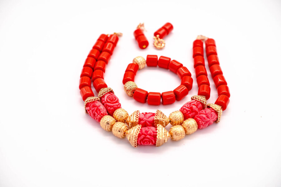 African Beads 2 Rows Red & Pink Tone Necklace Bracelet Earrings, Nigerian Wedding Beads Jewelry Set