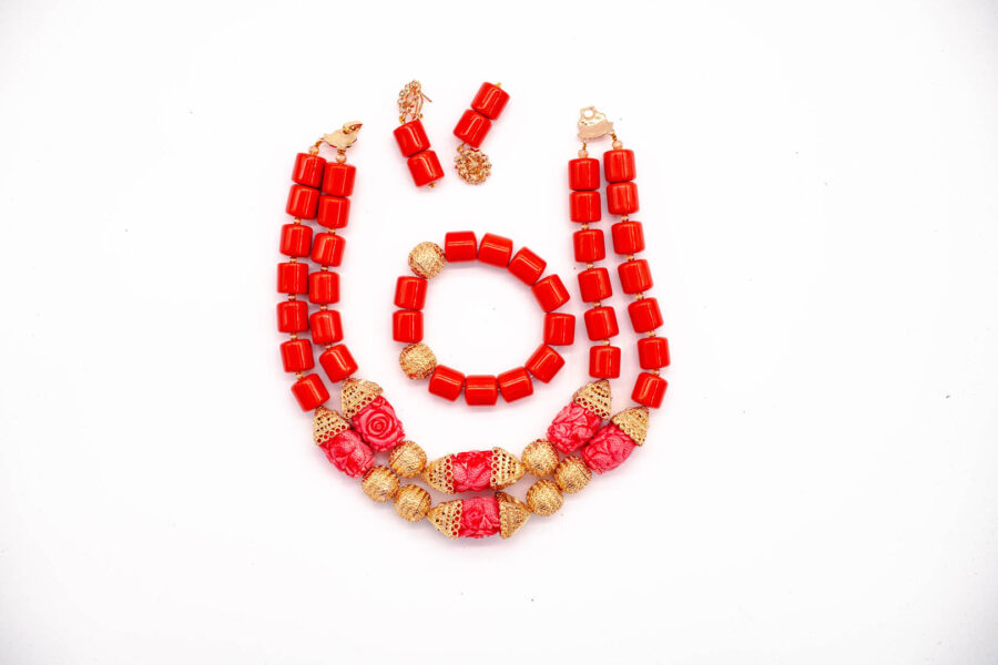 African Beads 2 Rows Red & Pink Tone Necklace Bracelet Earrings, Nigerian Wedding Beads Jewelry Set - Image 3