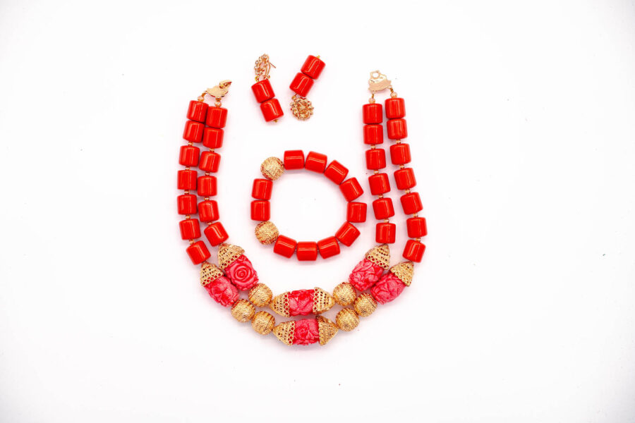 African Beads 2 Rows Red & Pink Tone Necklace Bracelet Earrings, Nigerian Wedding Beads Jewelry Set - Image 4