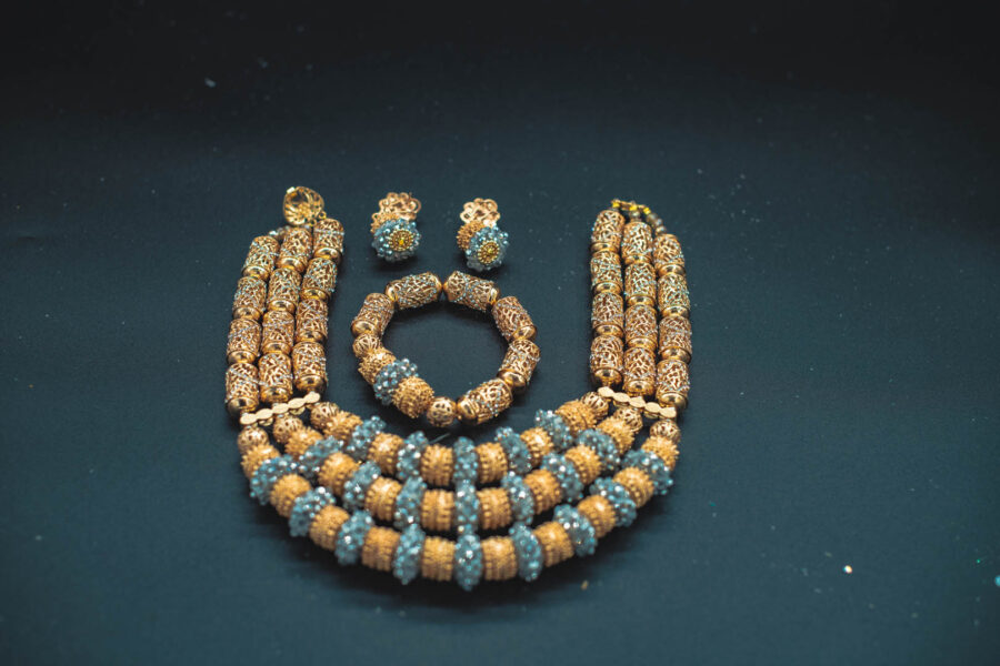 African Beads 3 Rows Gold Tone Necklace Bracelet Earrings, Nigerian Wedding Beads Jewelry Set - Image 4