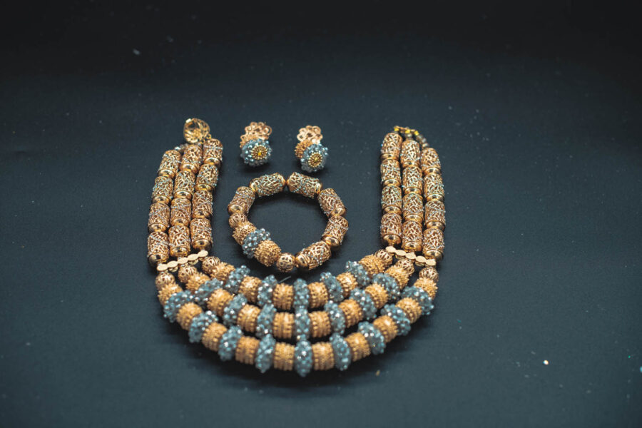 African Beads 3 Rows Gold Tone Necklace Bracelet Earrings, Nigerian Wedding Beads Jewelry Set - Image 3