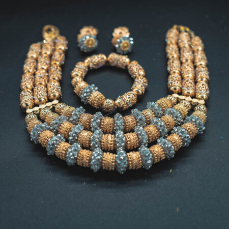 African Beads 3 Rows Gold Tone Necklace Bracelet Earrings, Nigerian Wedding Beads Jewelry Set