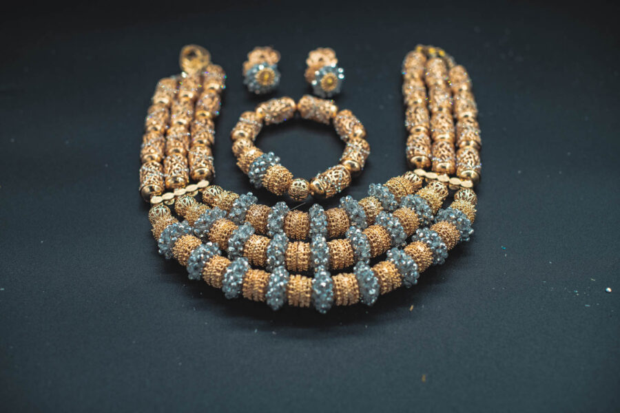 African Beads 3 Rows Gold Tone Necklace Bracelet Earrings, Nigerian Wedding Beads Jewelry Set