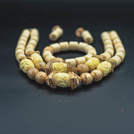 African Beads 2 Rows Gold Tone Necklace Bracelet Earrings, Nigerian Wedding Beads Jewelry Set
