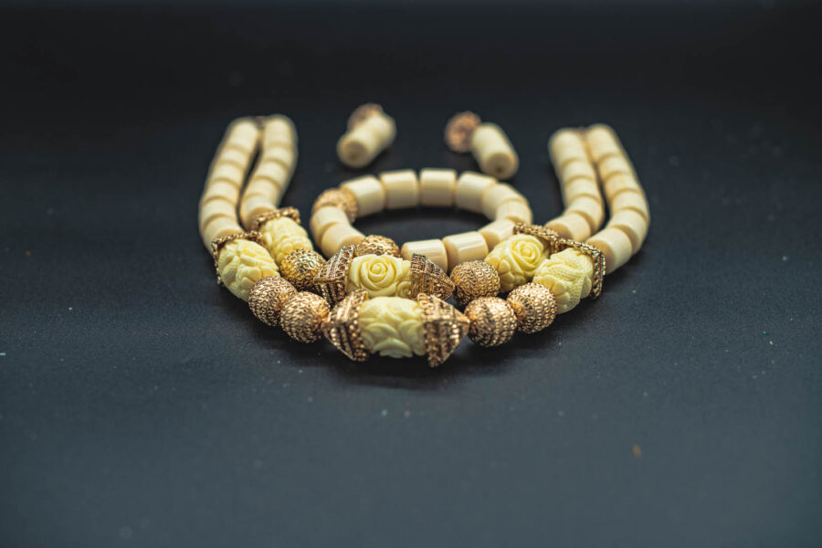 African Beads 2 Rows Gold Tone Necklace Bracelet Earrings, Nigerian Wedding Beads Jewelry Set