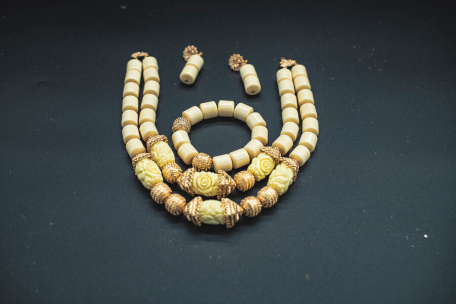 African Beads 2 Rows Gold Tone Necklace Bracelet Earrings, Nigerian Wedding Beads Jewelry Set - Image 3