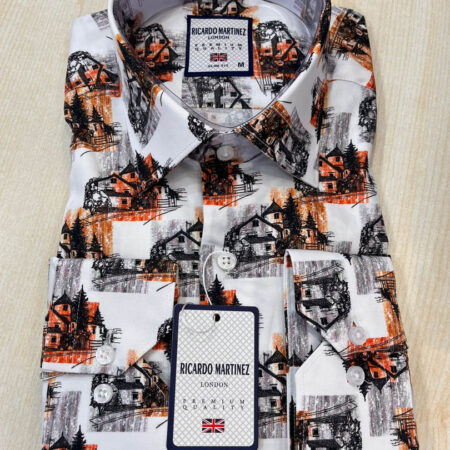 Men's Shirt - White/ Brown Patterned Shirt