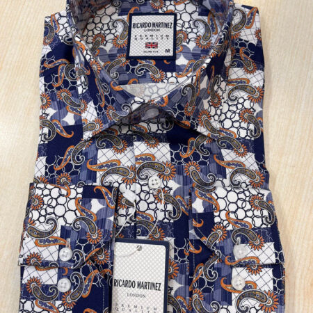 Men's Shirt - White/ Navy Blue / Brown Patterned Shirt
