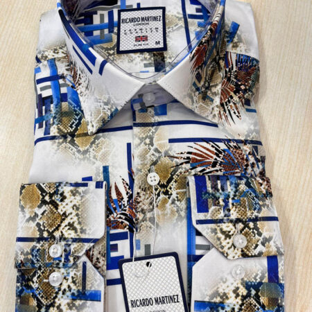 Men's Shirt - White/ Navy Blue / Brown Patterned Shirt